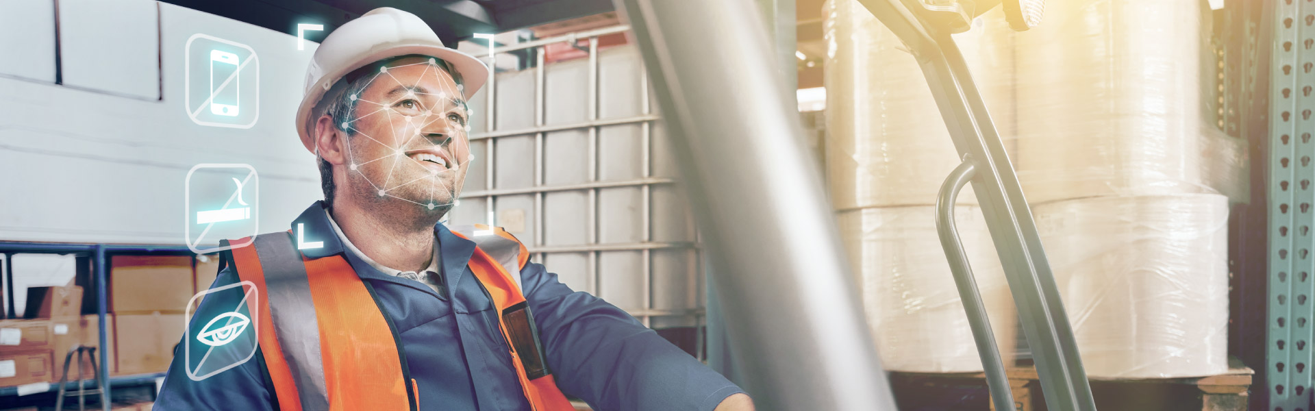 man smiles in forklift with ai dss